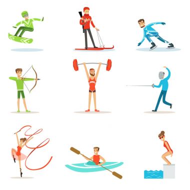 Yarışmaya katılan sportif üniformalı çizgi film karakterleri farklı olimpik spor yetişkin insanlar kümesi