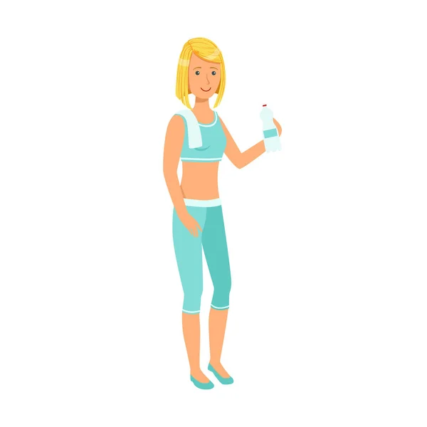 Sportruházat öltözött nő ivóvíz. Színes rajzfilmfigura — Stock Vector