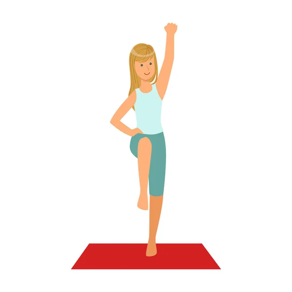 Ευτυχισμένος ξανθό κορίτσι κάνει ασκήσεις γυμναστικής σε ένα κόκκινο χαλί. Πολύχρωμο κινούμενα σχέδια χαρακτήρα — Διανυσματικό Αρχείο