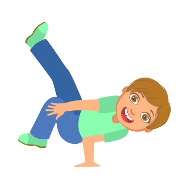 Çocuk stand bir yandan sahne, okul vitrin katılımcı müzik sanatsal yeteneği ile performans Breakdance dans yapıyor