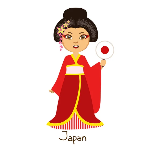 Lány a japán ország nemzeti ruhákat visel hagyományos kimonó, a nemzet — Stock Vector