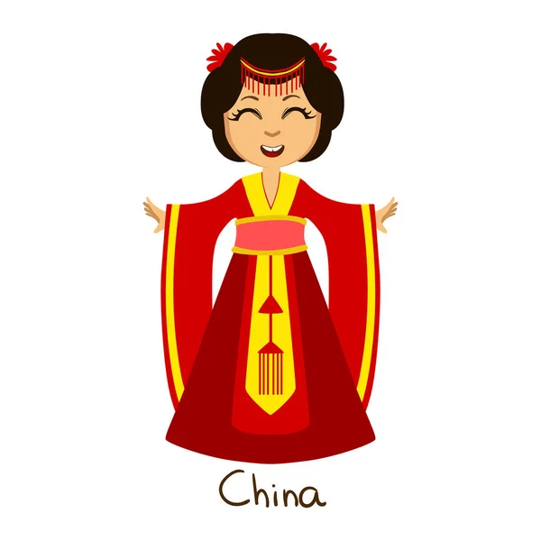Chica en China país ropa nacional, el uso de vestido rojo tradicional para la nación — Vector de stock