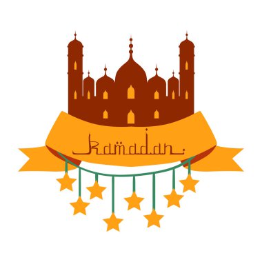 Ramazan Kareem Arapça hat ve yıldız tebrik kartı. Beyaz bir arka plan üzerinde izole renkli vektör çizim.
