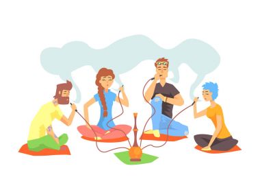 Genç kat illüstrasyon sigara içen ve Vapers ile oturup nargile sigara Hipsters serin