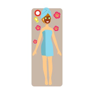 Yüzüne karşı uygulanan çikolata yüz maskesi ile rahat bir kadın. Beyaz bir arka plan üzerinde izole renkli karakter