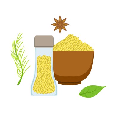 Susam tohumu ahşap kase ve Cam Kavanoz, otlar ve seçim baharat. Renkli karikatür çizimi