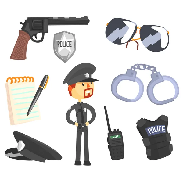 Profesyonel polis ve onun araçları, adam ve onun meslek öznitelikleri küme izole karikatür nesneleri — Stok Vektör