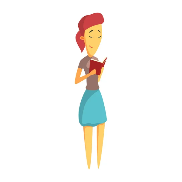 Linda mujer joven de pie y leyendo libro. Personaje colorido de dibujos animados — Vector de stock