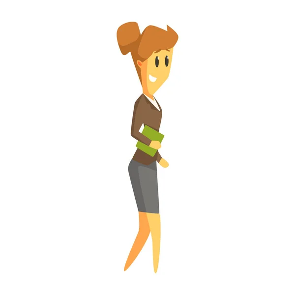 Donna d'affari che tiene in mano un libro verde. Personaggio cartone animato colorato — Vettoriale Stock