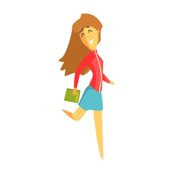 Menina estudante alegre pulando e segurando um livro. Personagem de desenho animado colorido — Vetor de Stock