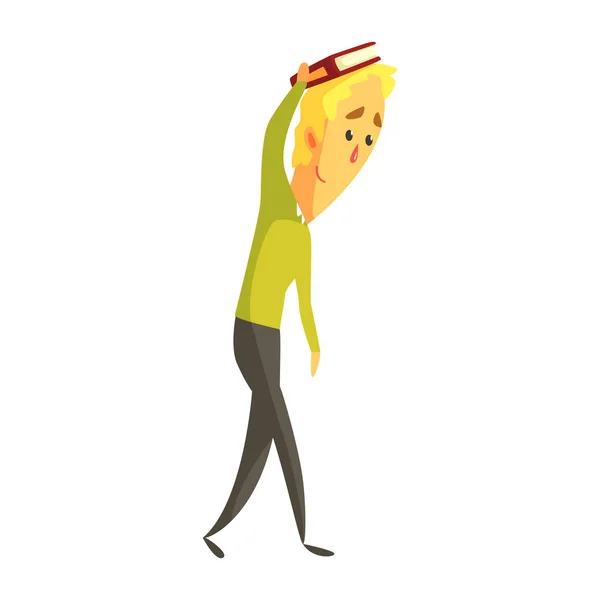 Mladý muž s blond vlasy stojí a drží knihu o ruku. Barevná kreslená postavička — Stockový vektor