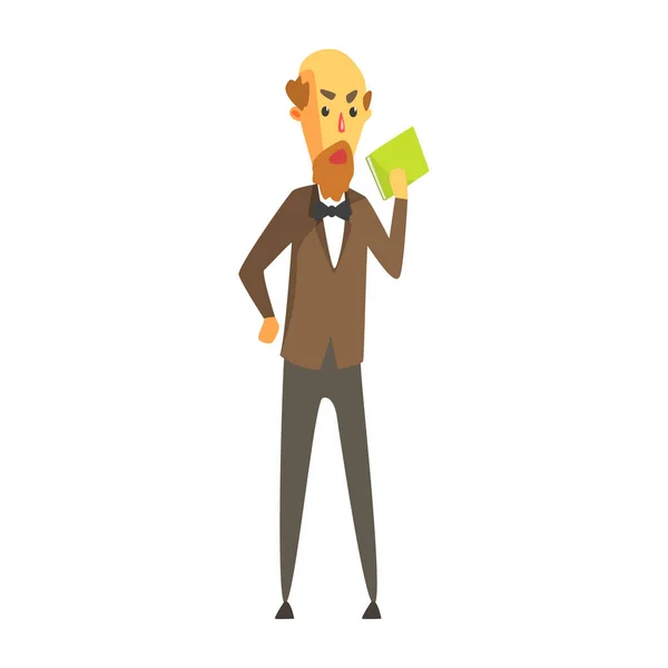 Homem barbudo careca com um casaco e gravata borboleta de pé com livro na mão. Personagem de desenho animado colorido — Vetor de Stock