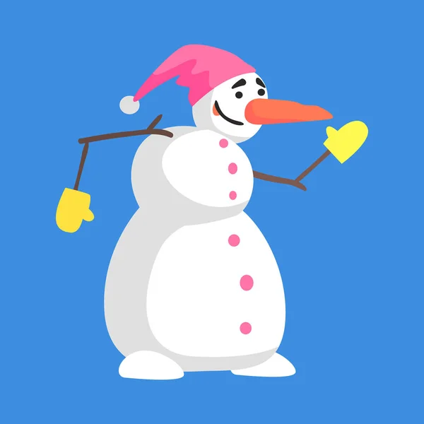 Ζωντανός κλασικό τριών χιονοστιβάδας χιονάνθρωπος σε ροζ καπέλο και γάντια κατάσταση χαρακτήρα κινουμένων σχεδίων — Διανυσματικό Αρχείο