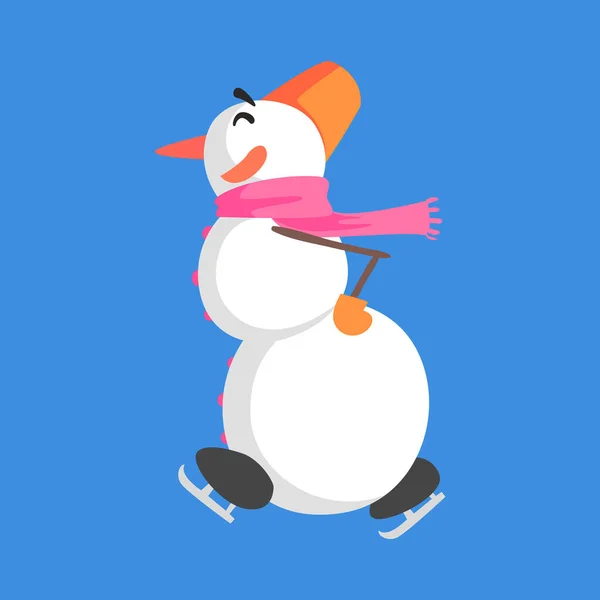 Bonhomme de neige vivant classique à trois boules de neige en rose foulard patinage sur glace personnage de bande dessinée situation — Image vectorielle