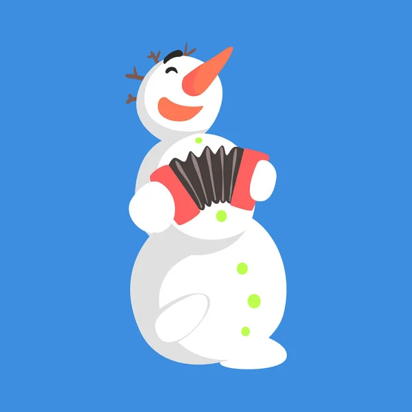 Ζωντανός κλασικό χιονάνθρωπος τρεις Χιονόμπαλα παίζοντας ακορντεόν καρτούν χαρακτήρα κατάσταση — Διανυσματικό Αρχείο