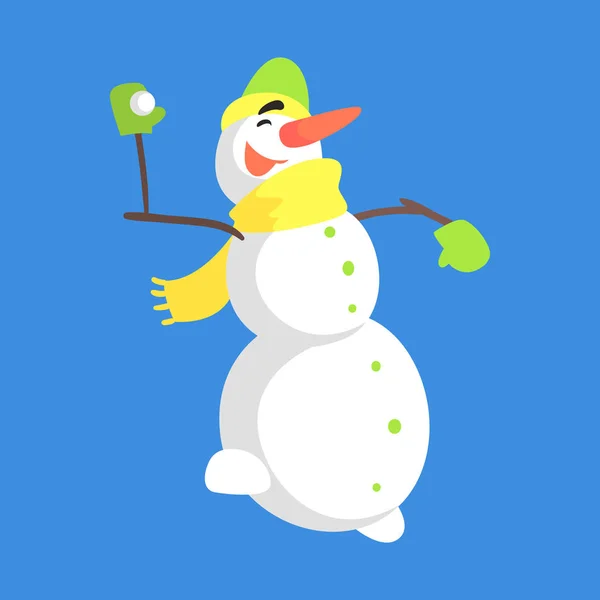 Boule de neige classique vivant trois bonhomme de neige dans l'écharpe jaune jouant boules de neige personnage de bande dessinée situation — Image vectorielle