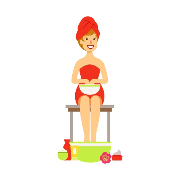 Frau nimmt entspannendes Bad für Füße und Hände, Schönheitsbehandlung. bunte Zeichentrickfigur — Stockvektor
