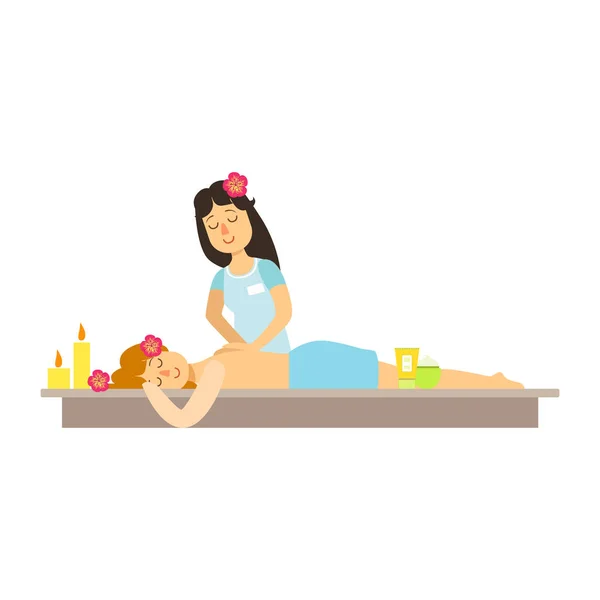 Frau bei einer Massage mit Massageöl in einem Wellnessbereich. bunte Zeichentrickfigur — Stockvektor