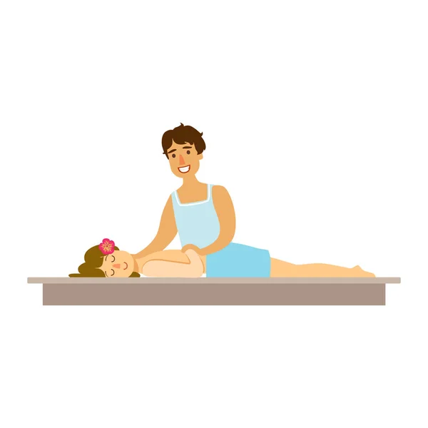 Mujer joven recibiendo un masaje rejuvenecedor en un estudio de bienestar. Personaje colorido de dibujos animados — Vector de stock