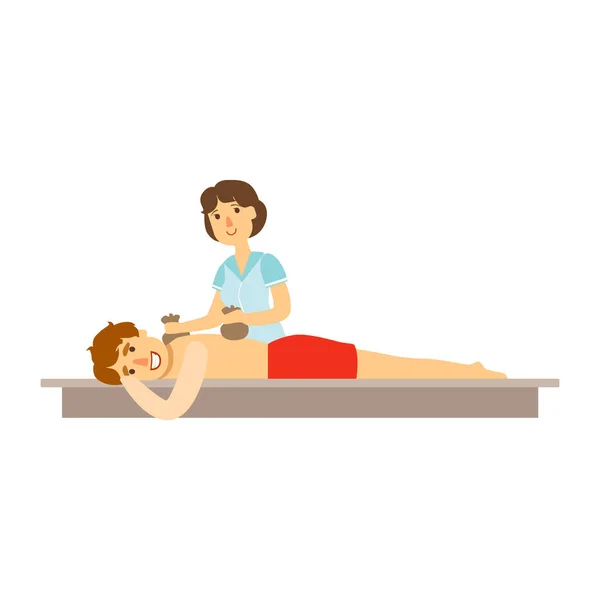 Ung man som får massage med två påsar för en massage. Färgglada seriefigur — Stock vektor