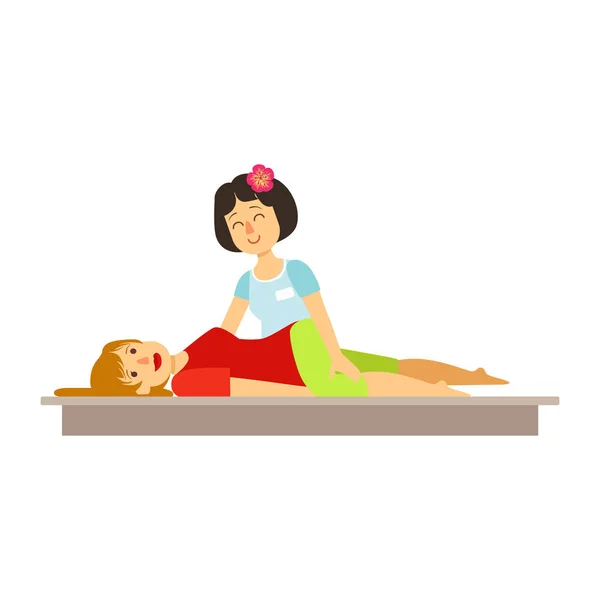Una mujer recibiendo un masaje tailandés. Personaje colorido de dibujos animados — Vector de stock