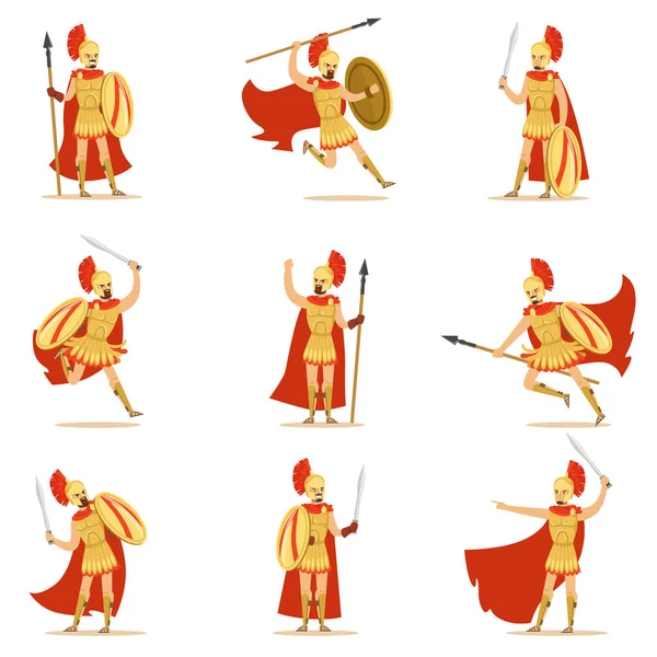 Spartansk soldat i gyllene rustning och röd Cape uppsättning vektor illustrationer med grekisk militär hjälte i kampen — Stock vektor
