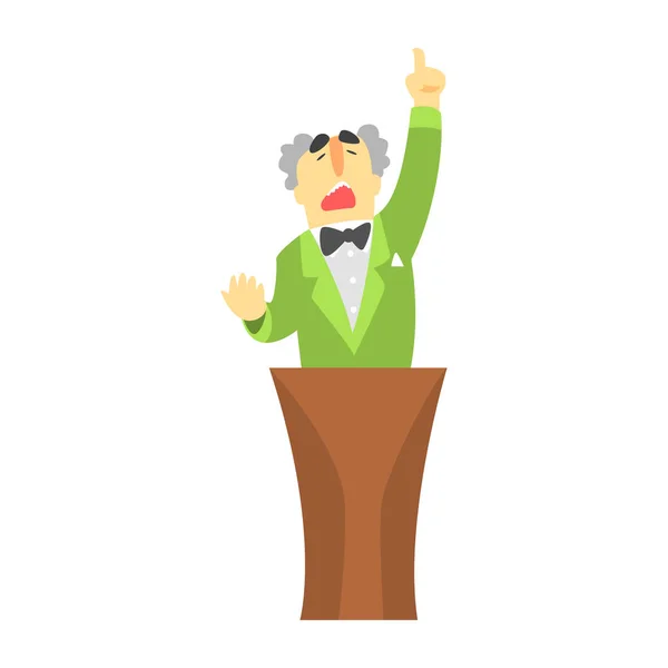 Homme en veste verte debout derrière la tribune et pointant son doigt vers le haut — Image vectorielle