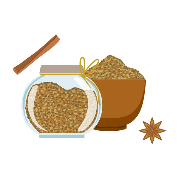 Семена фенхеля в деревянной чаше и стеклянной банке. Красочная карикатура — стоковый вектор