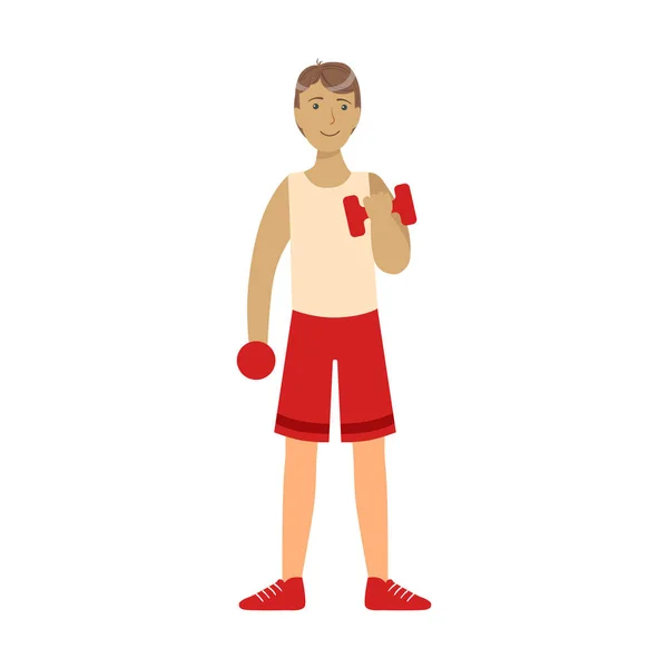 Un joven haciendo ejercicio con pesas. Personaje colorido de dibujos animados — Vector de stock