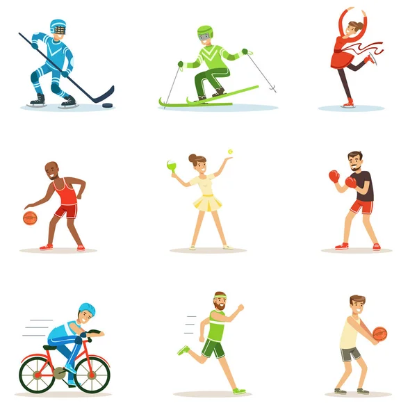 Çizgi film karakterleri yarışmaya katılan sportif üniformalı dizi farklı olimpik spor yetişkin insanlar — Stok Vektör