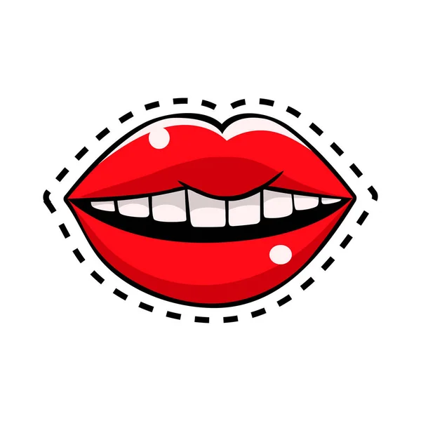 Labios rojos femeninos, ilustración de cómic vectorial en estilo retro de arte pop — Vector de stock