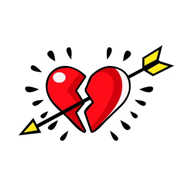 Rozbité červené srdce propíchnuté šípem, vektorové komické ilustrace — Stockový vektor