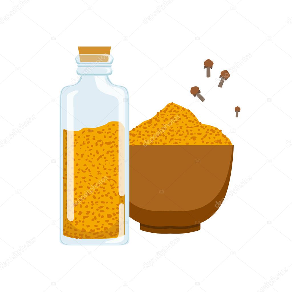 Curry powder in a wooden bowl and glass jar. Colorful cartoon illustration