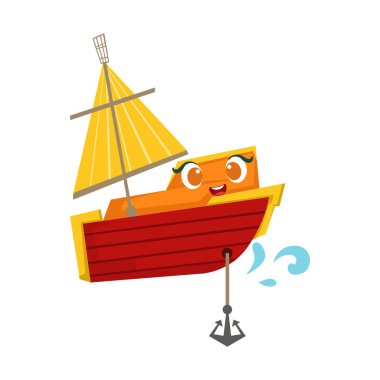 Bir çapa, Face karikatür çizim ile şirin kız gibi oyuncak ahşap gemi ile turuncu ve kırmızı yelkenli tekne
