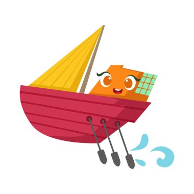 Küçük yelkenli yat kürekler ile ayarla, Face karikatür çizim ile şirin kız gibi oyuncak ahşap gemi