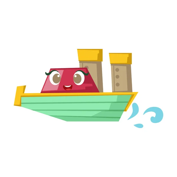 緑と赤のクルーズ ライナー ボート、顔漫画イラストがかわいいガーリー グッズ木造船 — ストックベクタ