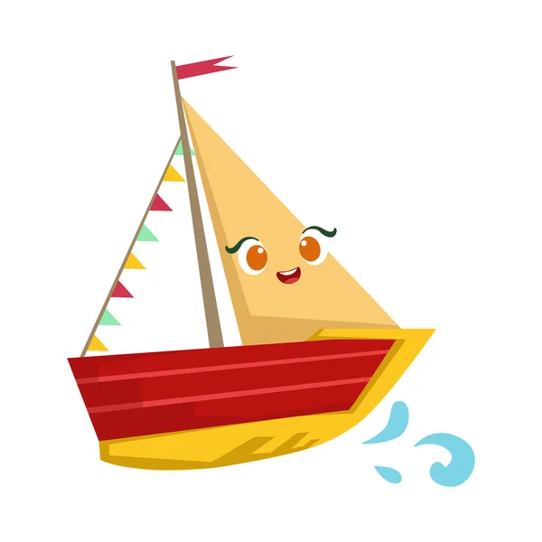 Yaht de vela con guirnalda de bandera, lindo juguete femenino barco de madera con ilustración de dibujos animados cara — Vector de stock