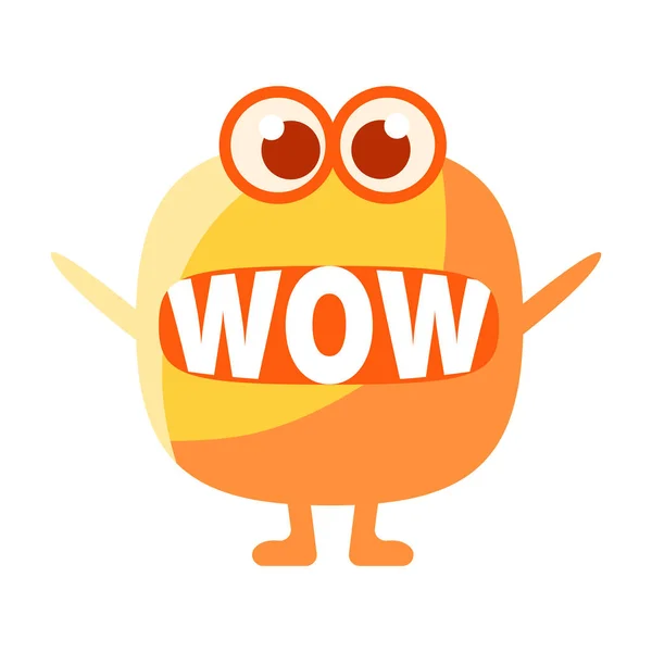 Blob arancione dicendo Wow, Carino Carattere Emoji con parola in bocca invece di denti, Messaggio Emoticon — Vettoriale Stock