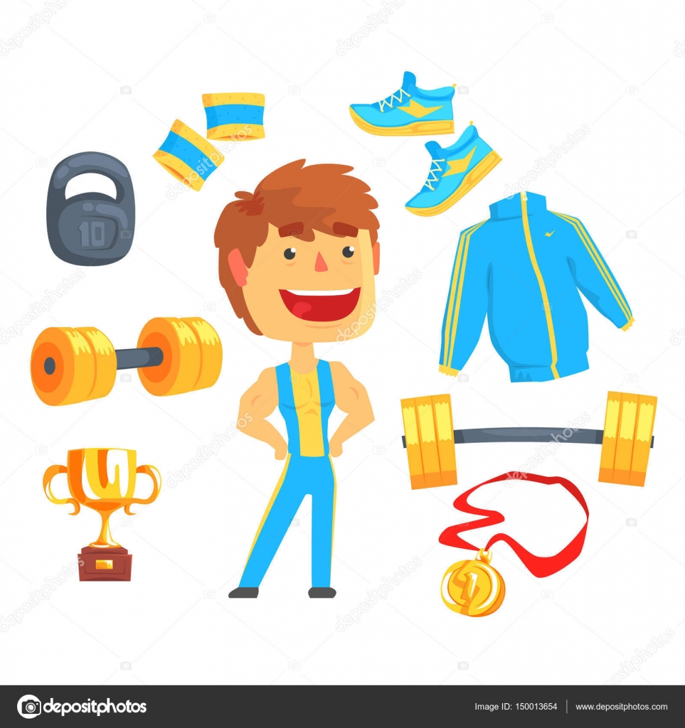 Bodybuilder impostato per il disegno di etichetta Attrezzature sportive per culturismo sollevamento pesi Fumetto colorato dettagliate illustrazioni