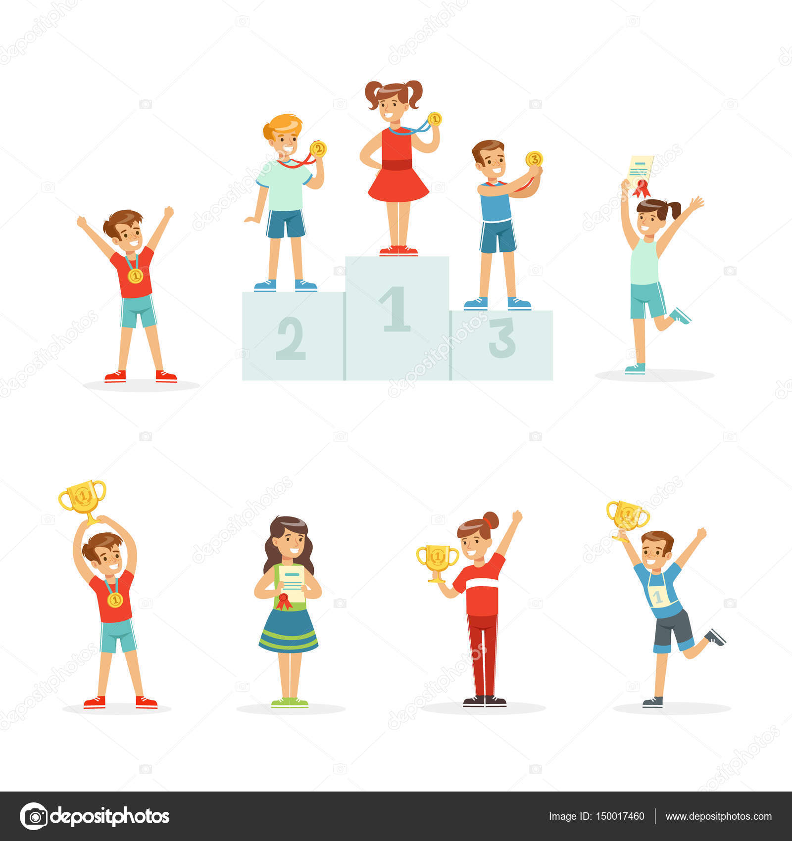 Bambini giovani felici che tengono i loro trofei d oro impostato per il disegno