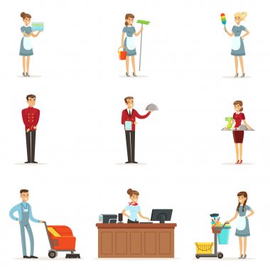 Otel personeli etiket tasarımı için ayarlayın. Renkli karikatür çizimler ayrıntılı