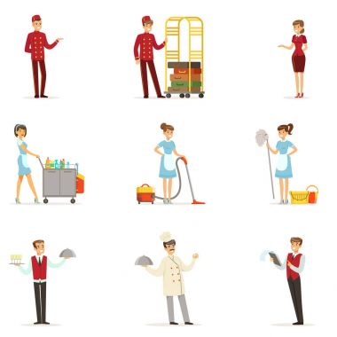 Staff in the hotel set for label design. Receptionist, cook, waiter, maid, porter. Colorful cartoon detailed Illustrations clipart