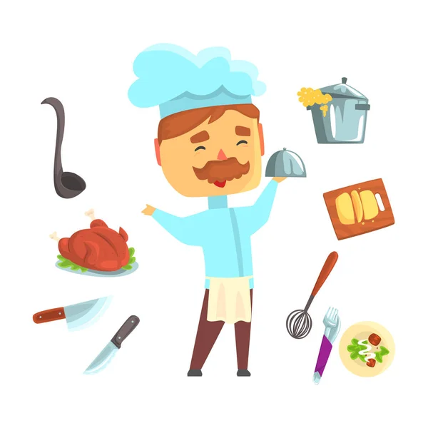 Chef sonriente. Electrodomésticos de cocina y diferentes platos para el diseño de etiquetas. Dibujos animados de colores ilustraciones detalladas — Archivo Imágenes Vectoriales