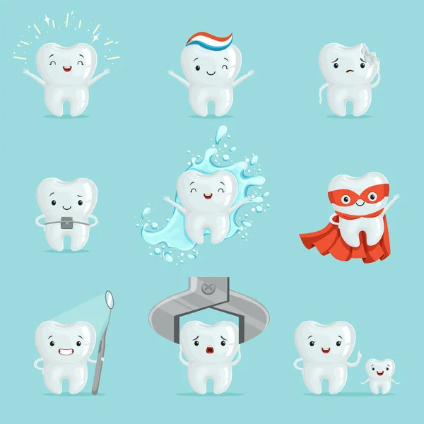 Dentes bonitos com diferentes emoções definidas para design de etiquetas. Desenhos animados ilustrações detalhadas — Vetor de Stock