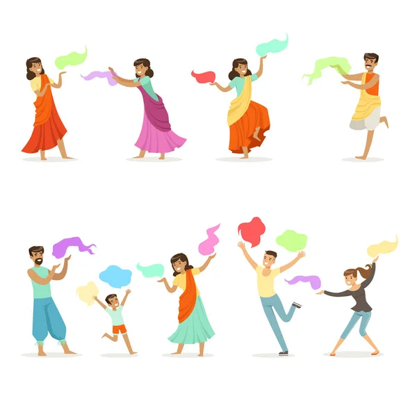 Des gens souriants dansant dans des costumes indiens nationaux destinés à la conception d'étiquettes. Danse indienne, culture asiatique, dessin animé illustrations colorées détaillées — Image vectorielle