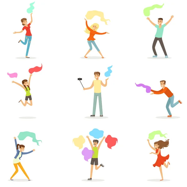 Pessoas sorrindo dançando com xale definido para design de etiquetas. Desenhos animados detalhados ilustrações coloridas — Vetor de Stock
