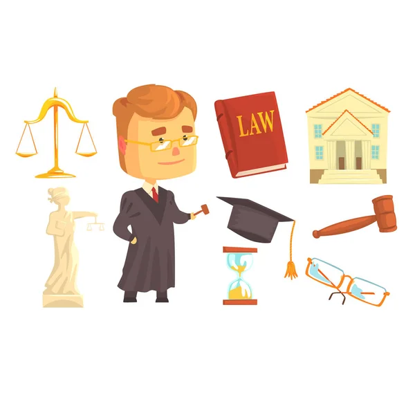 Juiz e atributos da atividade judicial definidos para o desenho do rótulo. Lei e justiça, desenhos animados detalhados ilustrações coloridas —  Vetores de Stock