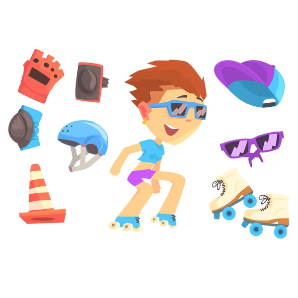 Roller skating boy, definido para design de etiquetas. Desenhos animados coloridos ilustrações detalhadas — Vetor de Stock