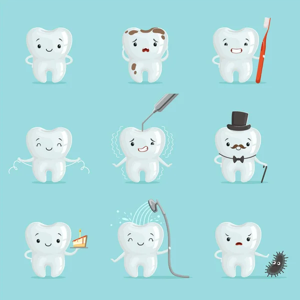 Dientes blancos con diferentes emociones configuradas para el diseño de etiquetas. Dibujos animados ilustraciones detalladas — Archivo Imágenes Vectoriales