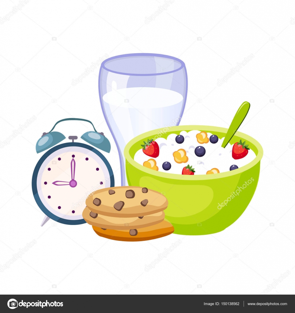 Prima colazione pasto con latte cereali e l orologio insieme di scuola e formazione relative og ti nello stile del fumetto colorato